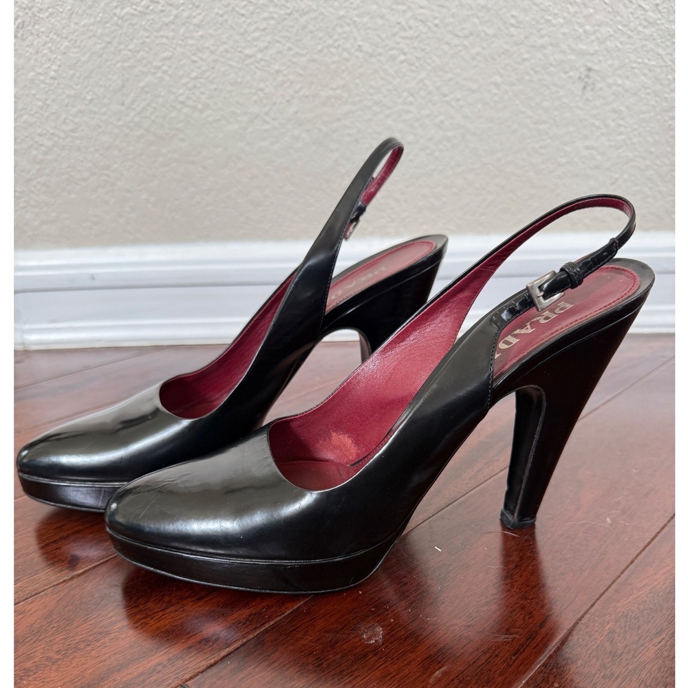Prada Black Leather Slingback Platform Heels‎ Pumps Italy Size 40.5 Designer